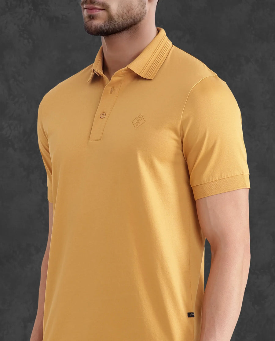 Rare Rabbit Men's Ripl Mustard Cotton Plain Regular Fit Half Sleeve Polo