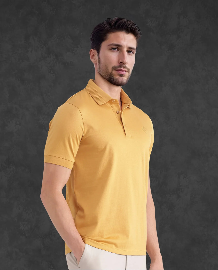 Rare Rabbit Men's Ripl Mustard Cotton Plain Regular Fit Half Sleeve Polo