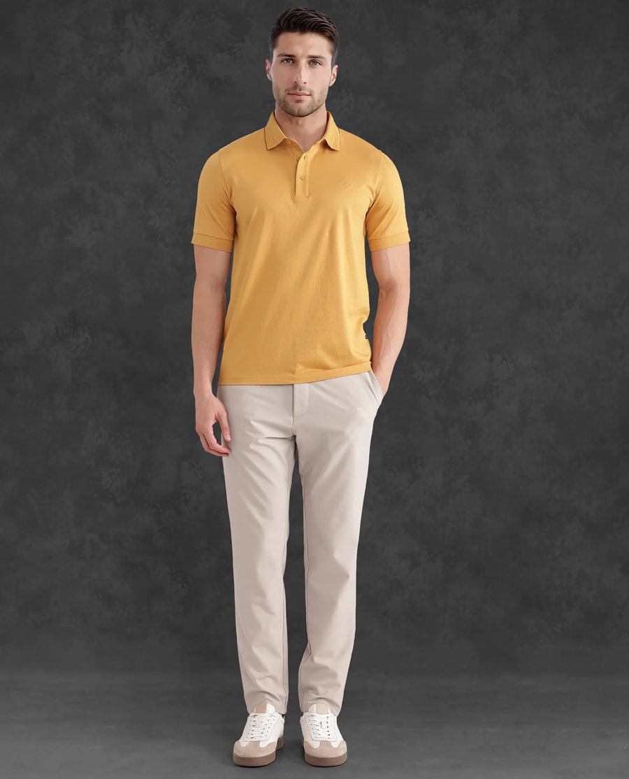 Rare Rabbit Men's Ripl Mustard Cotton Plain Regular Fit Half Sleeve Polo
