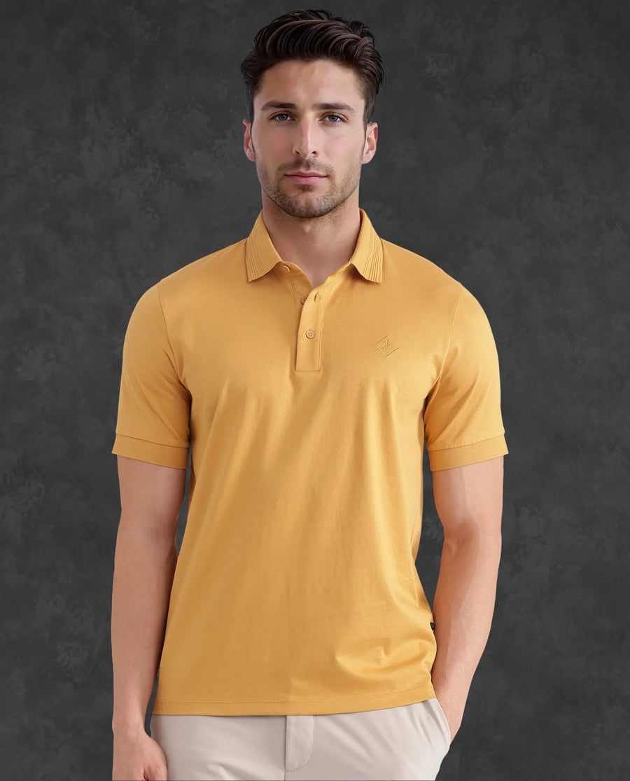 Rare Rabbit Men's Ripl Mustard Cotton Plain Regular Fit Half Sleeve Polo