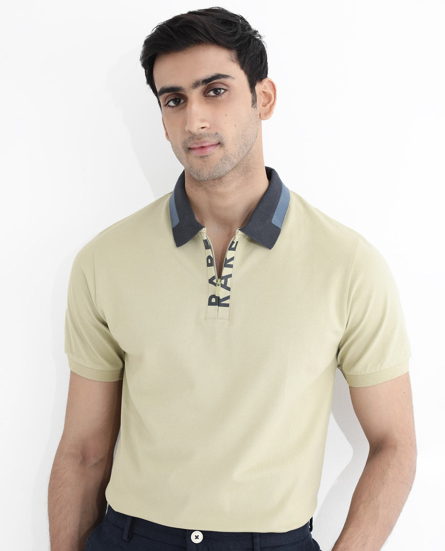 Rare Rabbit Men's Rique Dusky Green Cotton Plain Regular Fit Half Sleeve Polo