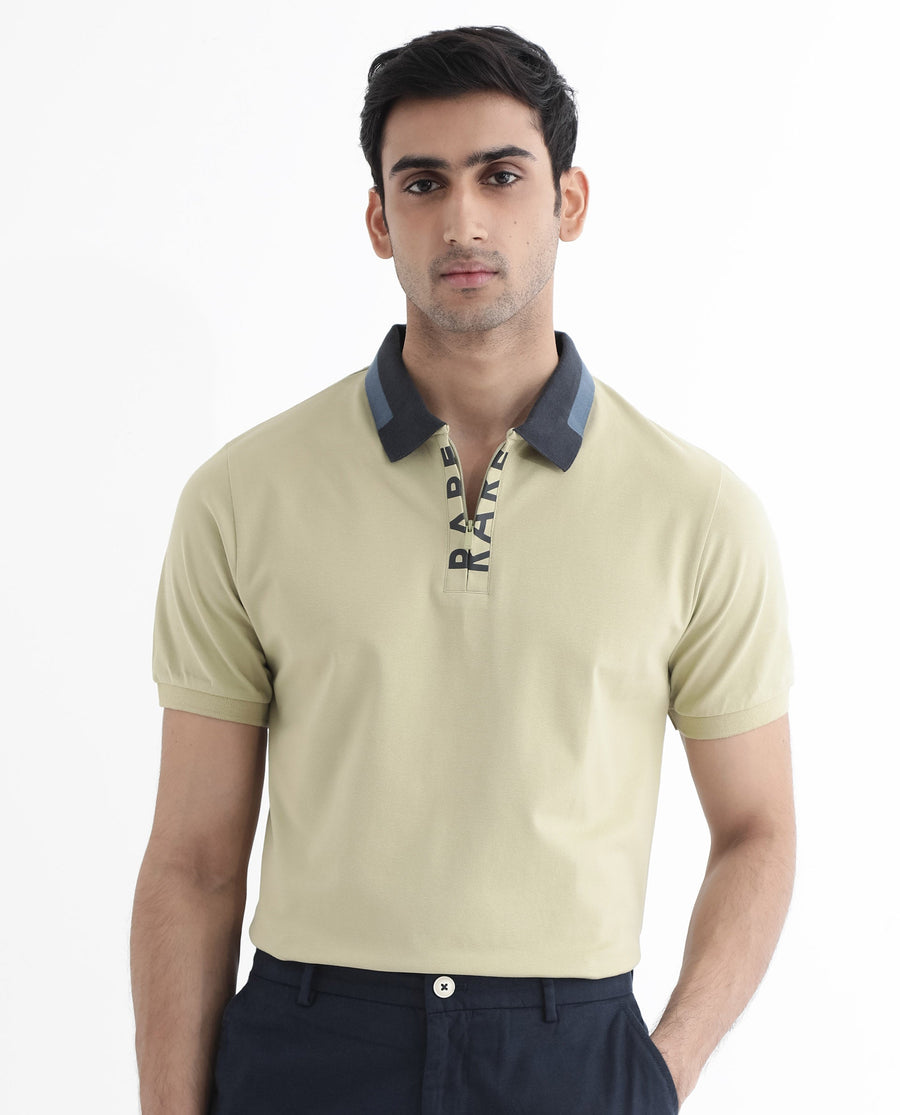 Rare Rabbit Men's Rique Dusky Green Cotton Plain Regular Fit Half Sleeve Polo
