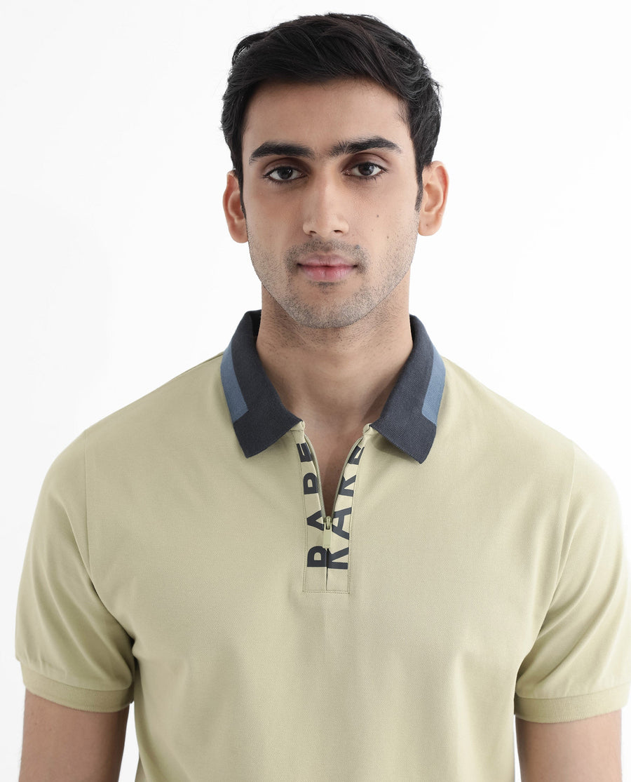 Rare Rabbit Men's Rique Dusky Green Cotton Plain Regular Fit Half Sleeve Polo