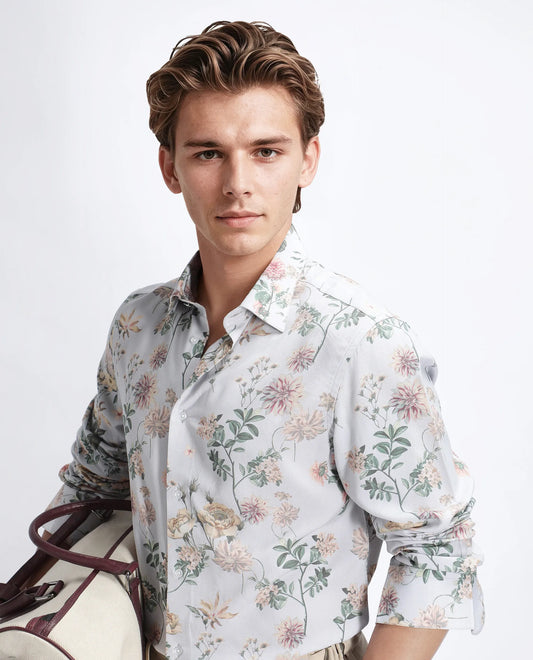 Rare Rabbit Men's Risa Light Grey Viscose Blend Floral Print Regular Fit Full Sleeve Collared Shirt