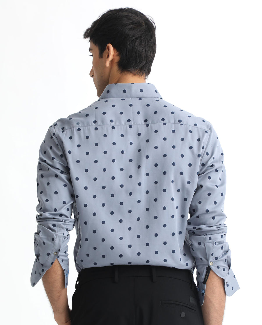 Rare Rabbit Men's Rish Blue Cotton Polka Print Regular Fit Full Sleeve Collared Shirt