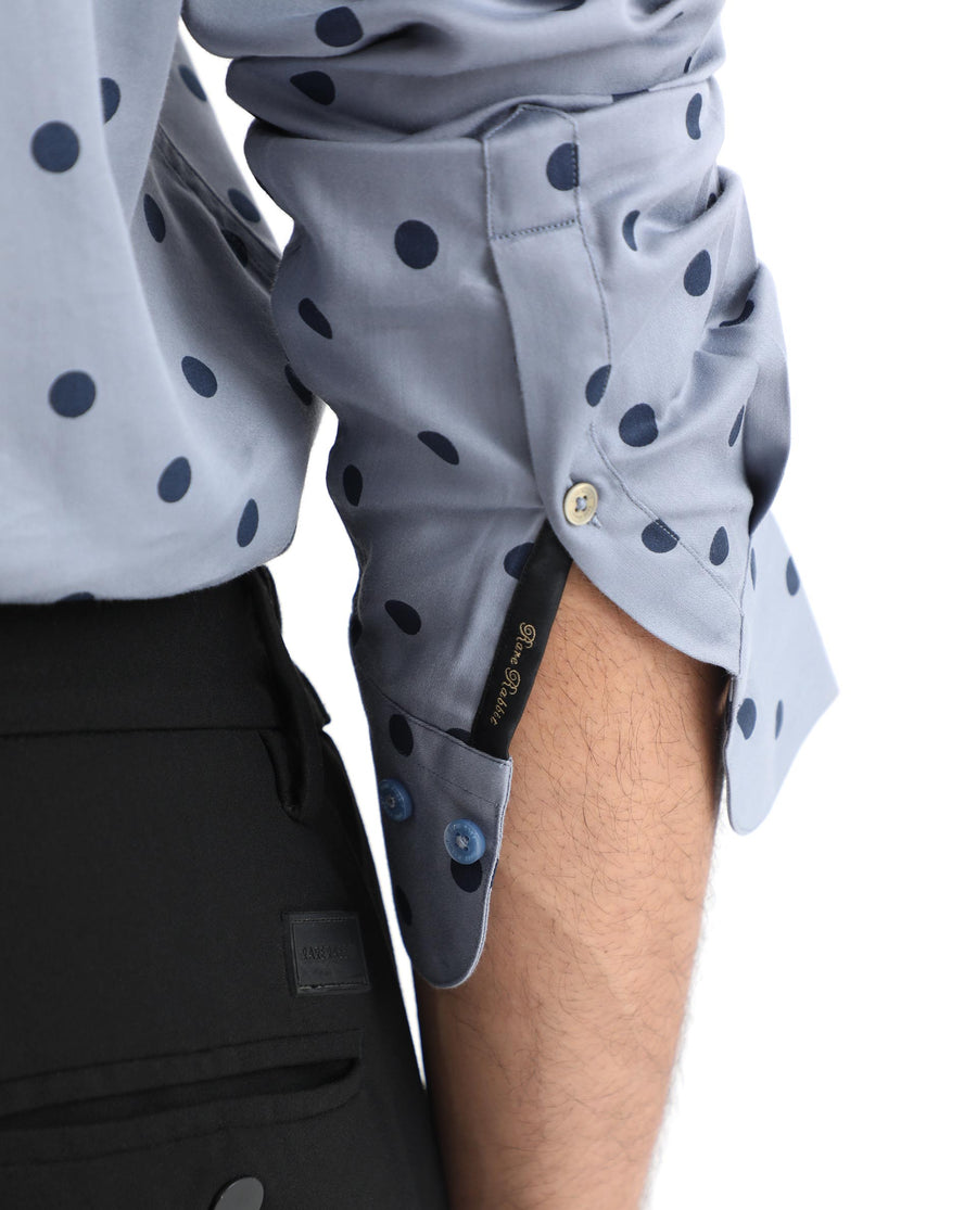 Rare Rabbit Men's Rish Blue Cotton Polka Print Regular Fit Full Sleeve Collared Shirt