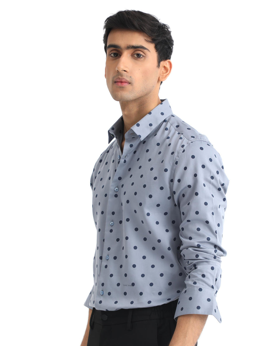 Rare Rabbit Men's Rish Blue Cotton Polka Print Regular Fit Full Sleeve Collared Shirt