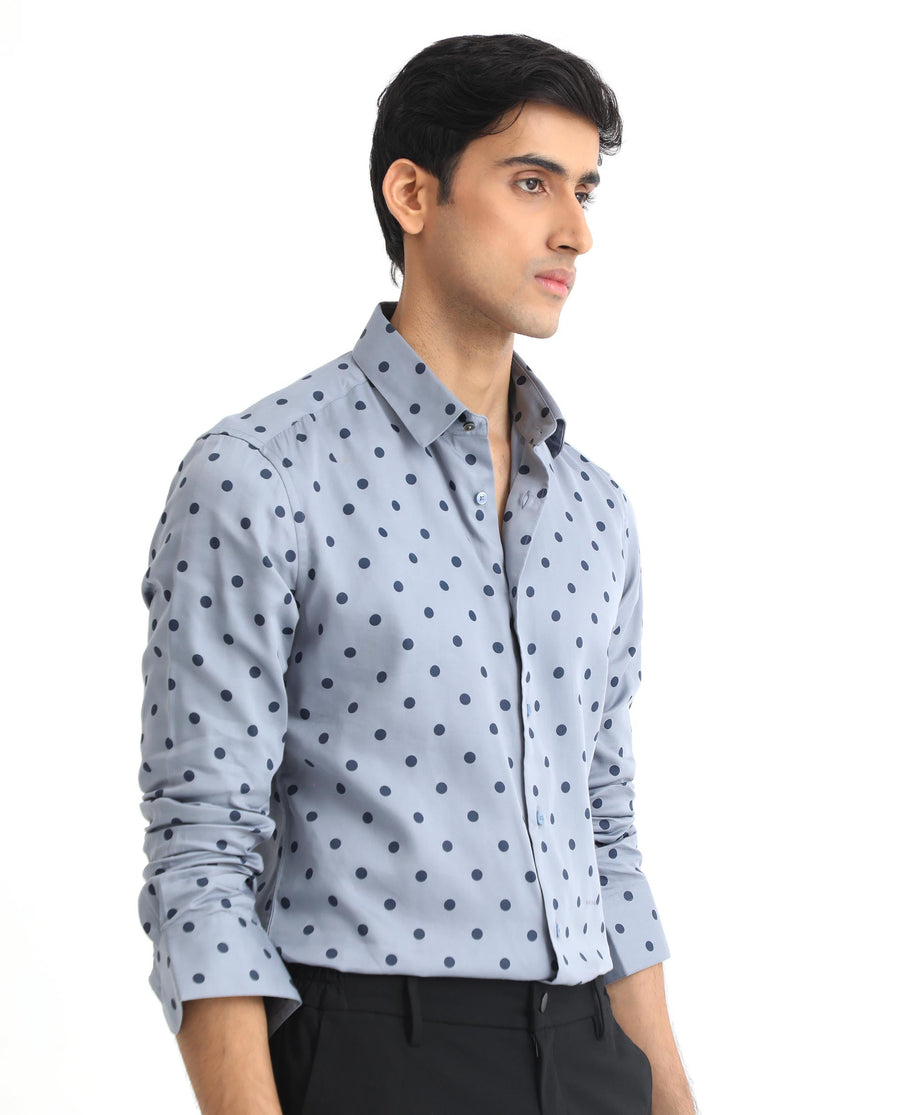 Rare Rabbit Men's Rish Blue Cotton Polka Print Regular Fit Full Sleeve Collared Shirt