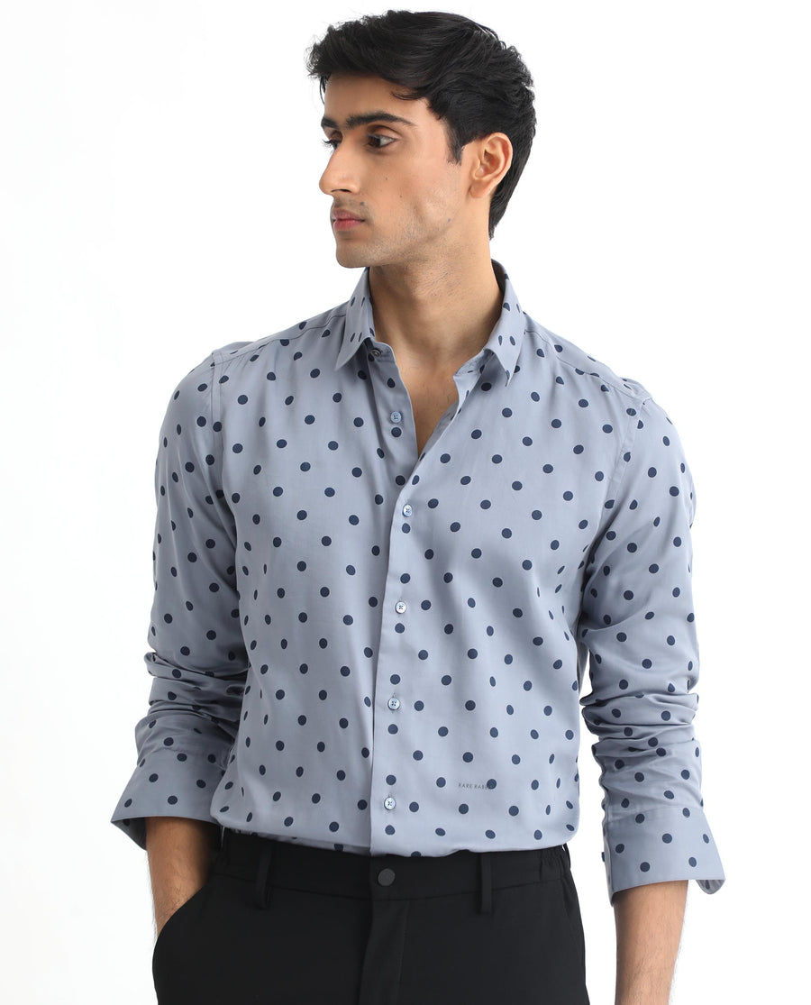 Rare Rabbit Men's Rish Blue Cotton Polka Print Regular Fit Full Sleeve Collared Shirt