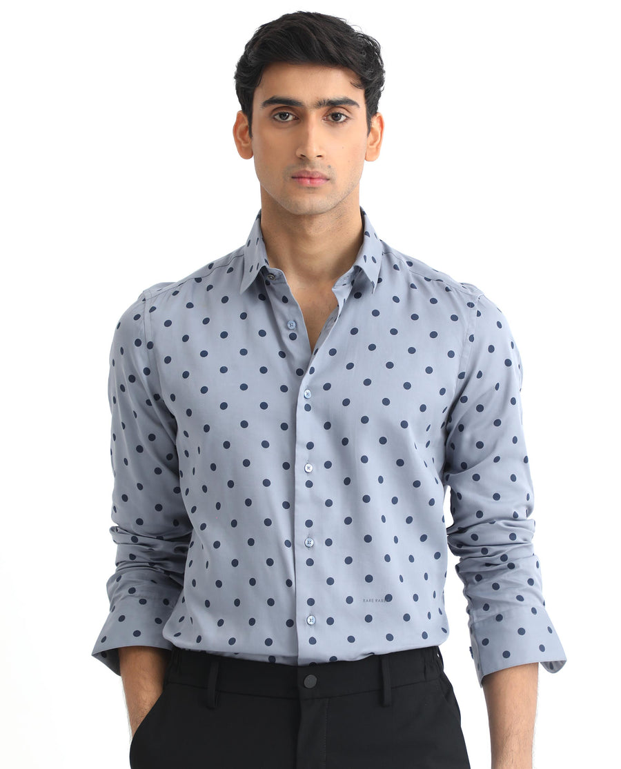 Rare Rabbit Men's Rish Blue Cotton Polka Print Regular Fit Full Sleeve Collared Shirt