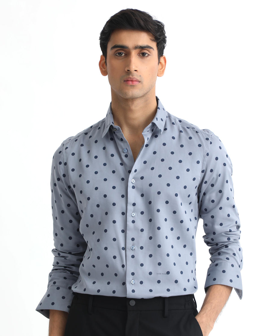 Rare Rabbit Men's Rish Blue Cotton Polka Print Regular Fit Full Sleeve Collared Shirt