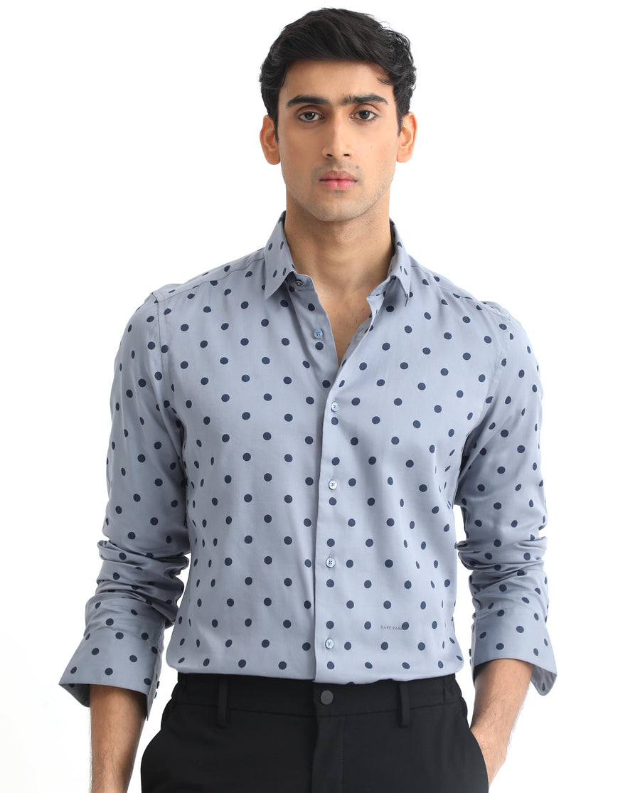 Rare Rabbit Men's Rish Blue Cotton Polka Print Regular Fit Full Sleeve Collared Shirt