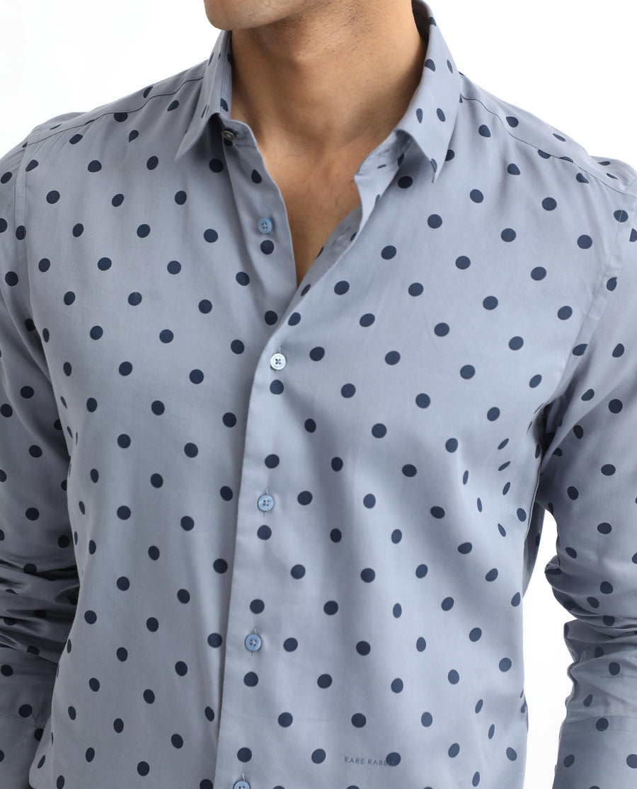 Rare Rabbit Men's Rish Blue Cotton Polka Print Regular Fit Full Sleeve Collared Shirt