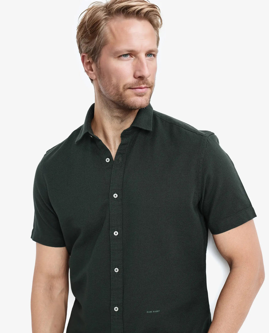 Rare Rabbit Men's Rissa Dark Green Cotton Plain Regular Fit Half Sleeve Collared Shirt