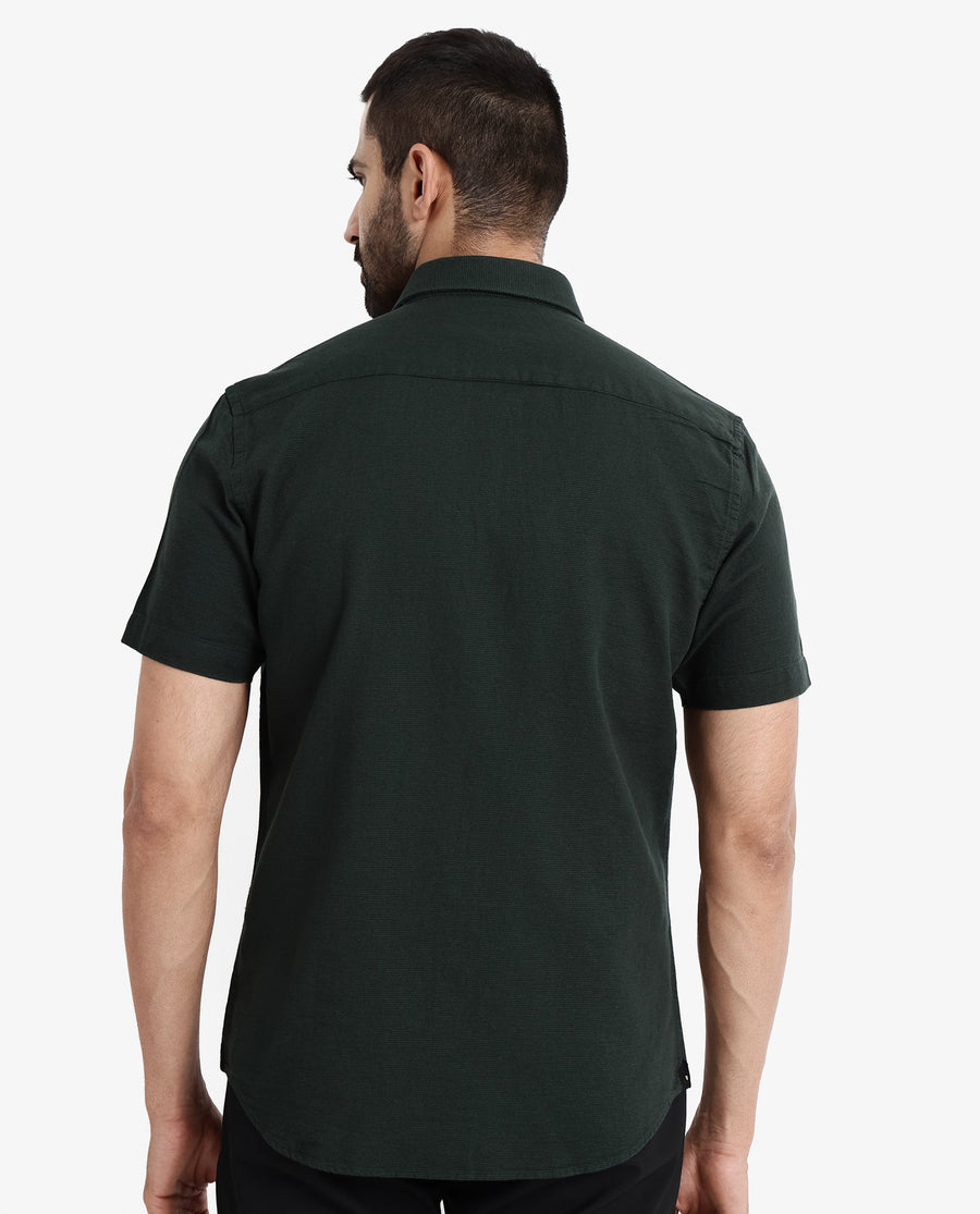 Rare Rabbit Men's Rissa Dark Green Cotton Plain Regular Fit Half Sleeve Collared Shirt