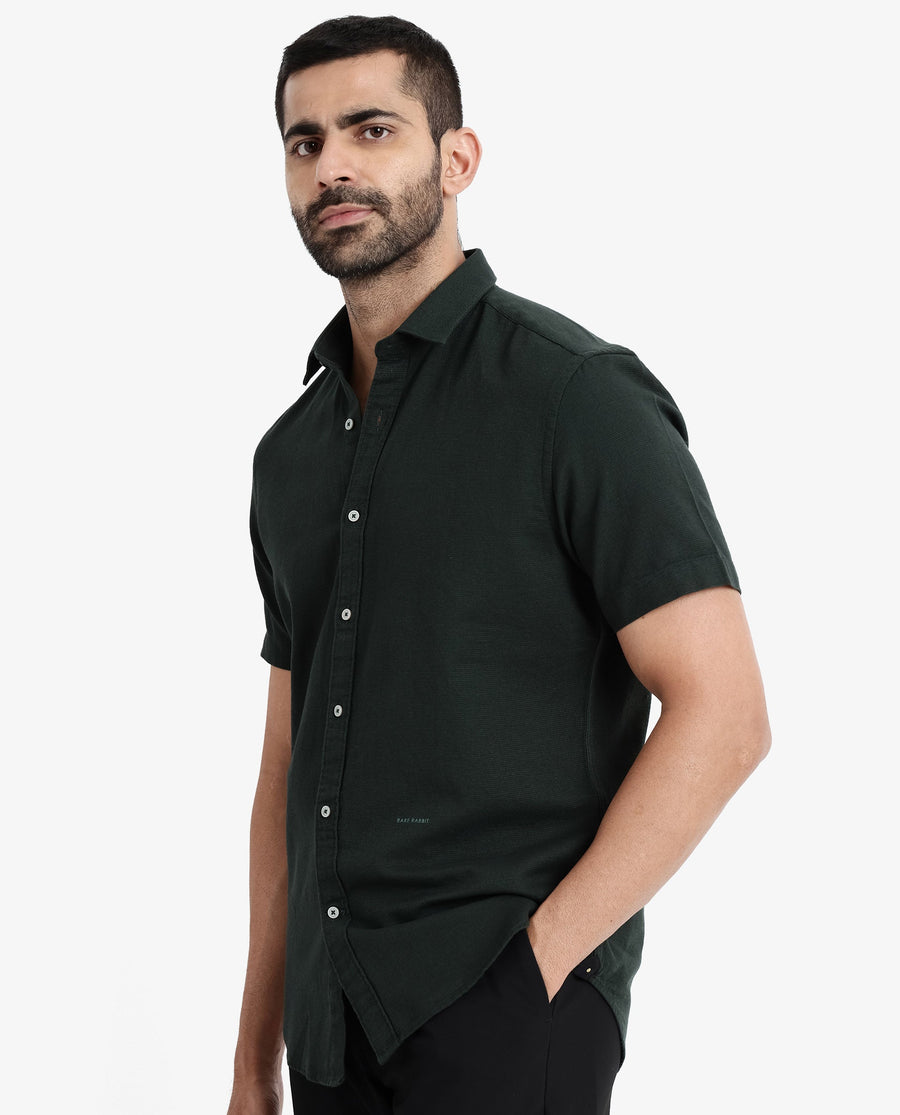Rare Rabbit Men's Rissa Dark Green Cotton Plain Regular Fit Half Sleeve Collared Shirt