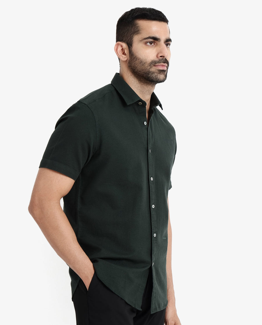 Rare Rabbit Men's Rissa Dark Green Cotton Plain Regular Fit Half Sleeve Collared Shirt