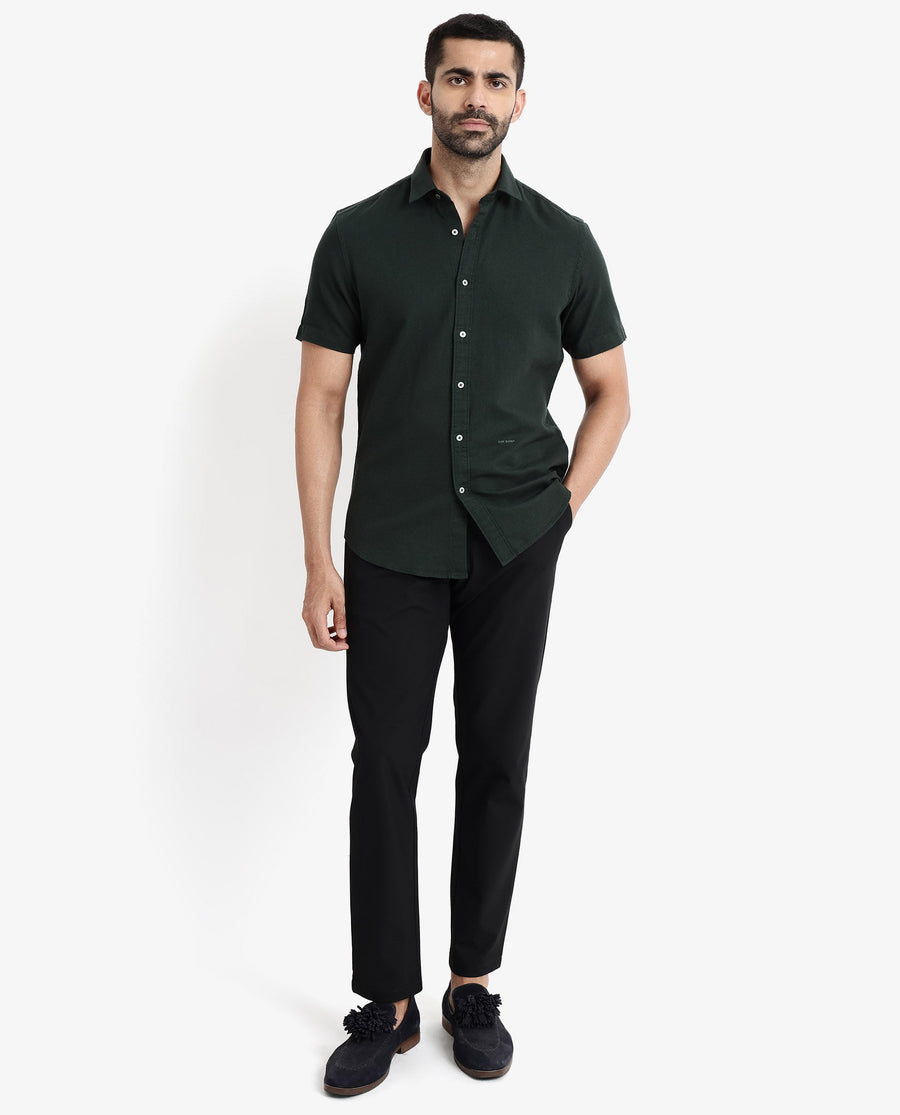 Rare Rabbit Men's Rissa Dark Green Cotton Plain Regular Fit Half Sleeve Collared Shirt