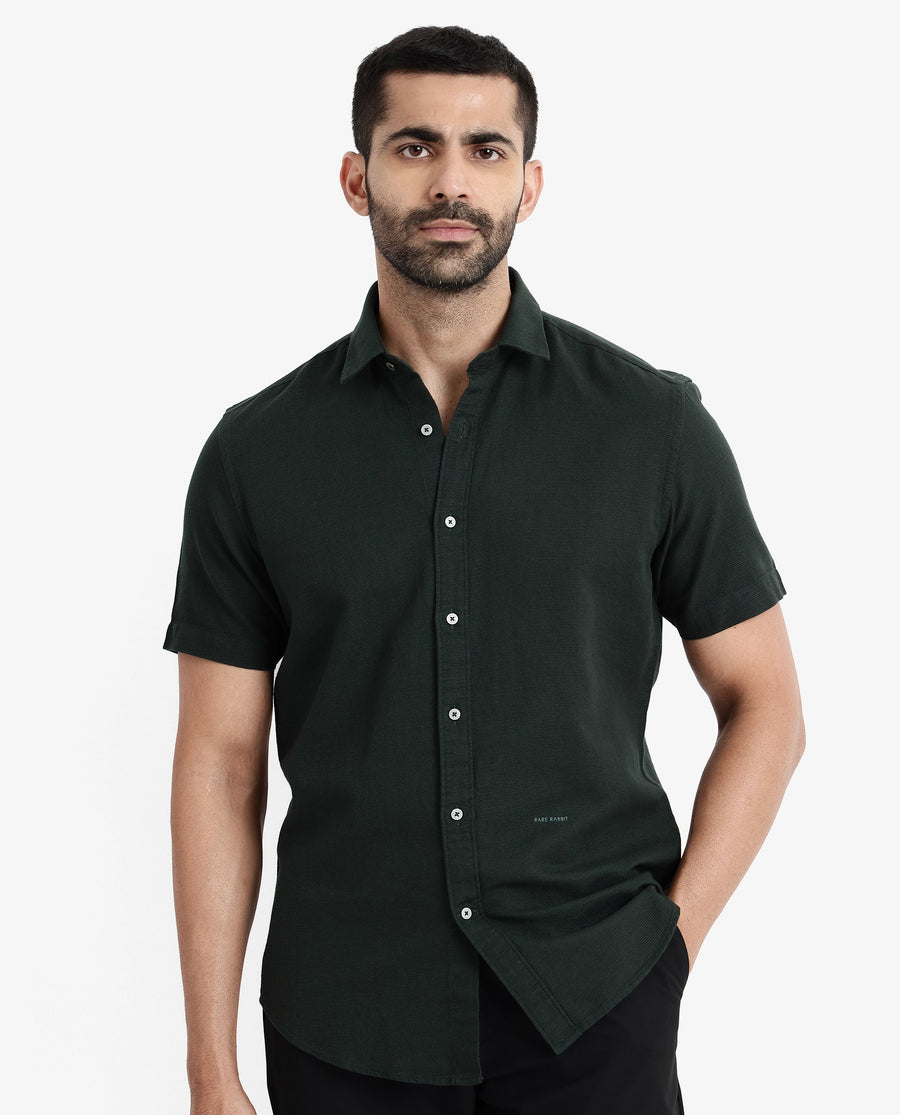 Rare Rabbit Men's Rissa Dark Green Cotton Plain Regular Fit Half Sleeve Collared Shirt