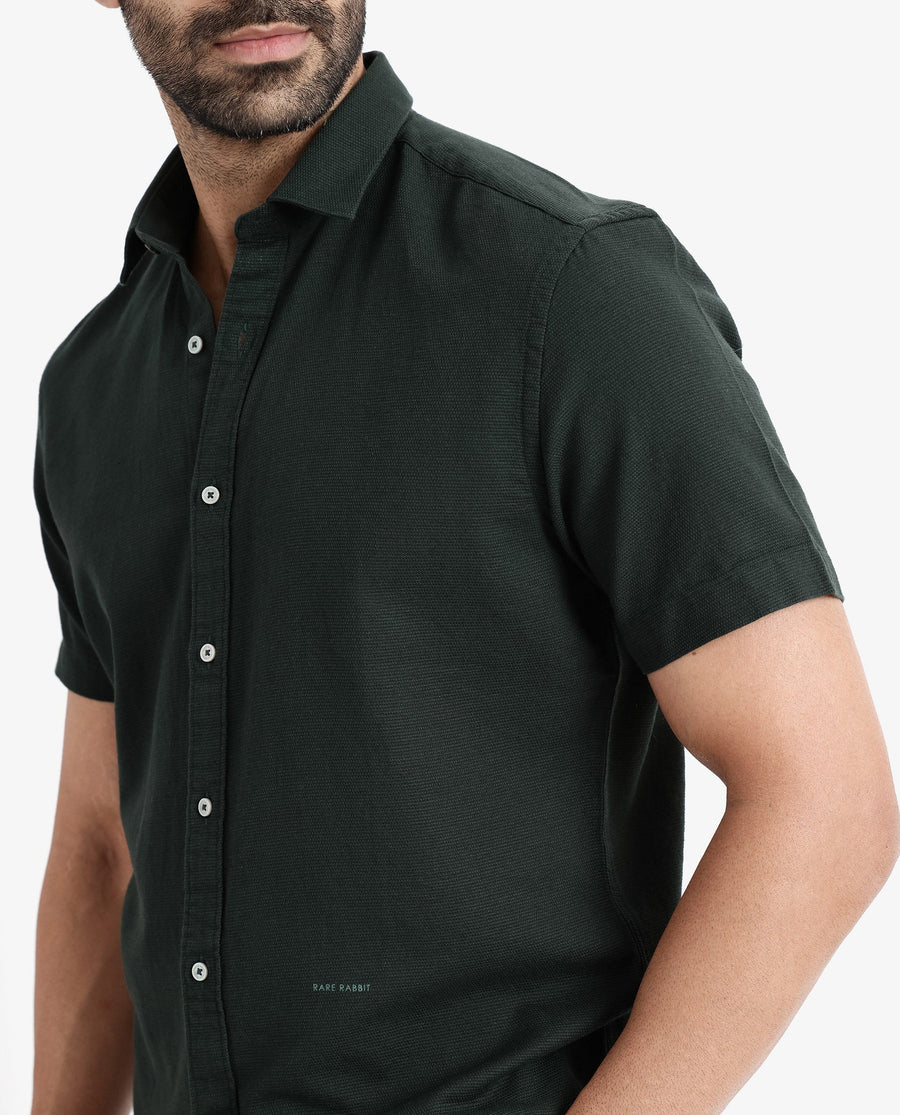 Rare Rabbit Men's Rissa Dark Green Cotton Plain Regular Fit Half Sleeve Collared Shirt