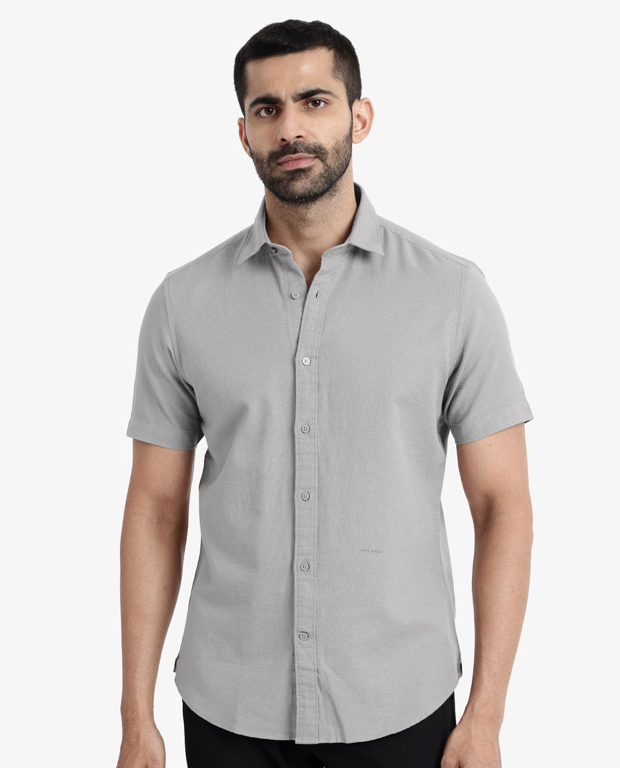 Rare Rabbit Men's Rissa Grey Cotton Plain Regular Fit Half Sleeve Collared Shirt