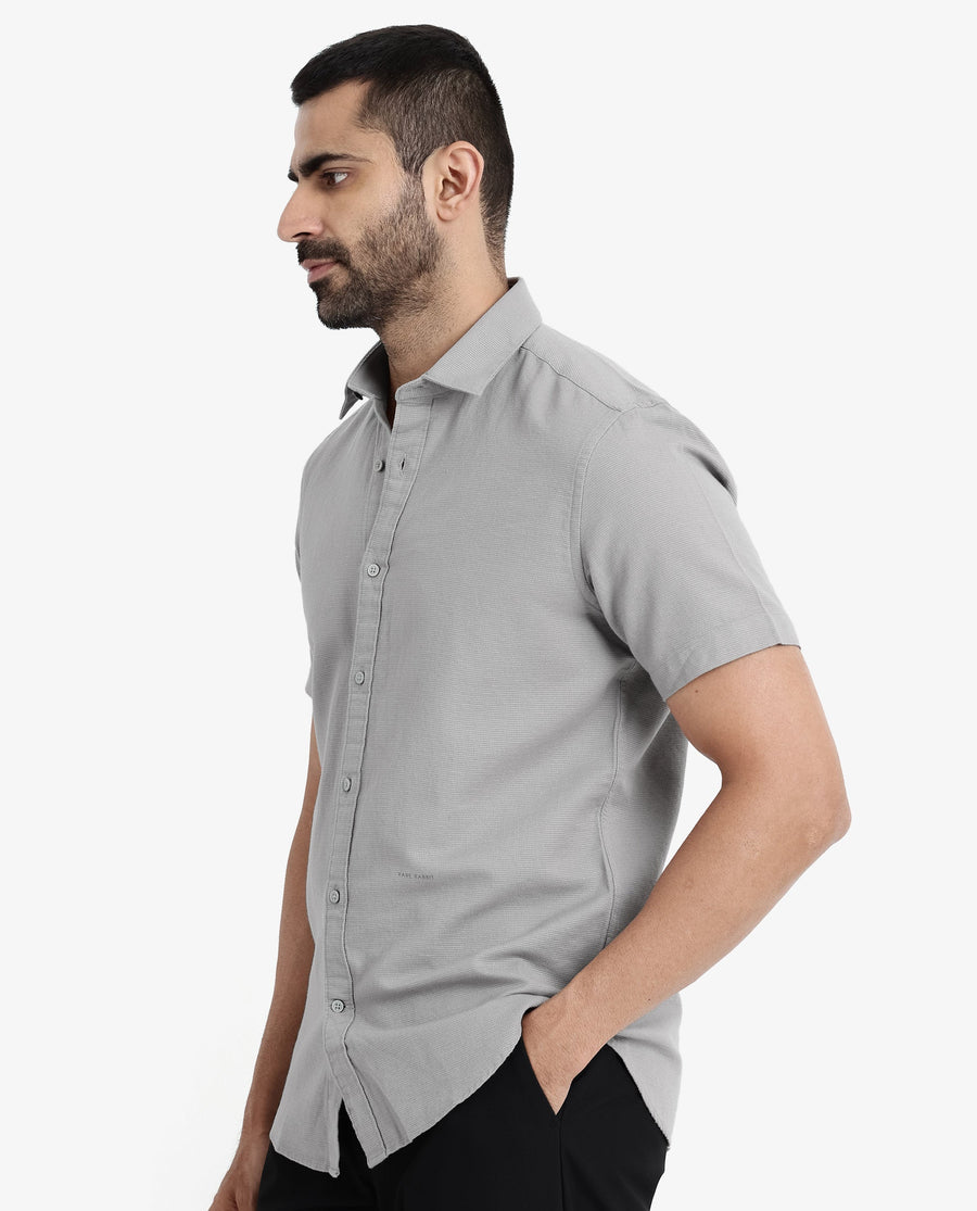 Rare Rabbit Men's Rissa Grey Cotton Plain Regular Fit Half Sleeve Collared Shirt