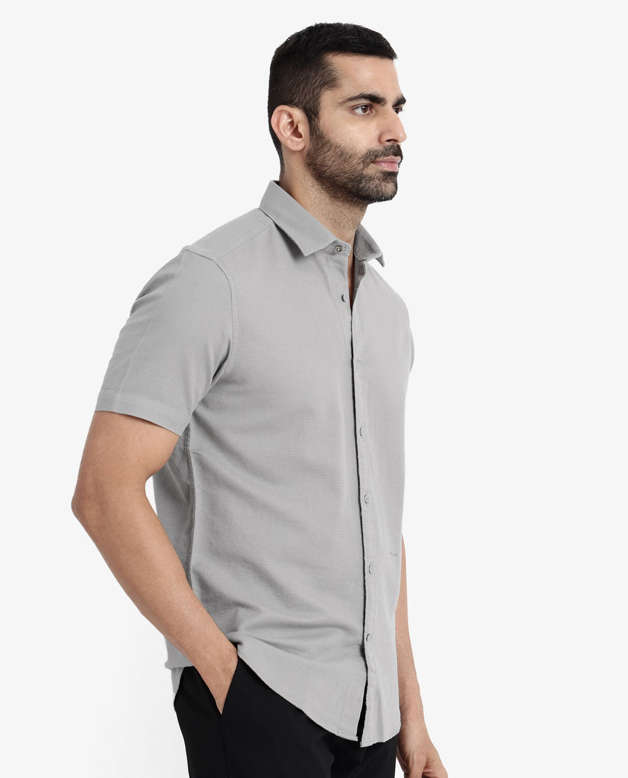 Rare Rabbit Men's Rissa Grey Cotton Plain Regular Fit Half Sleeve Collared Shirt