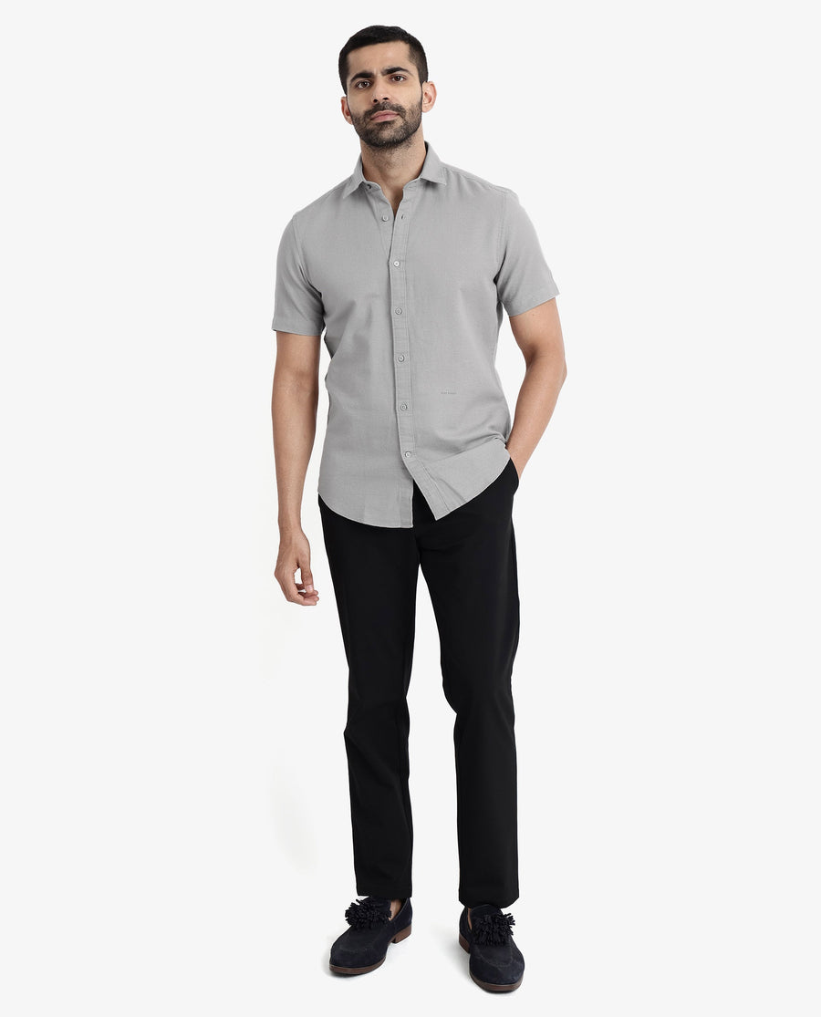 Rare Rabbit Men's Rissa Grey Cotton Plain Regular Fit Half Sleeve Collared Shirt