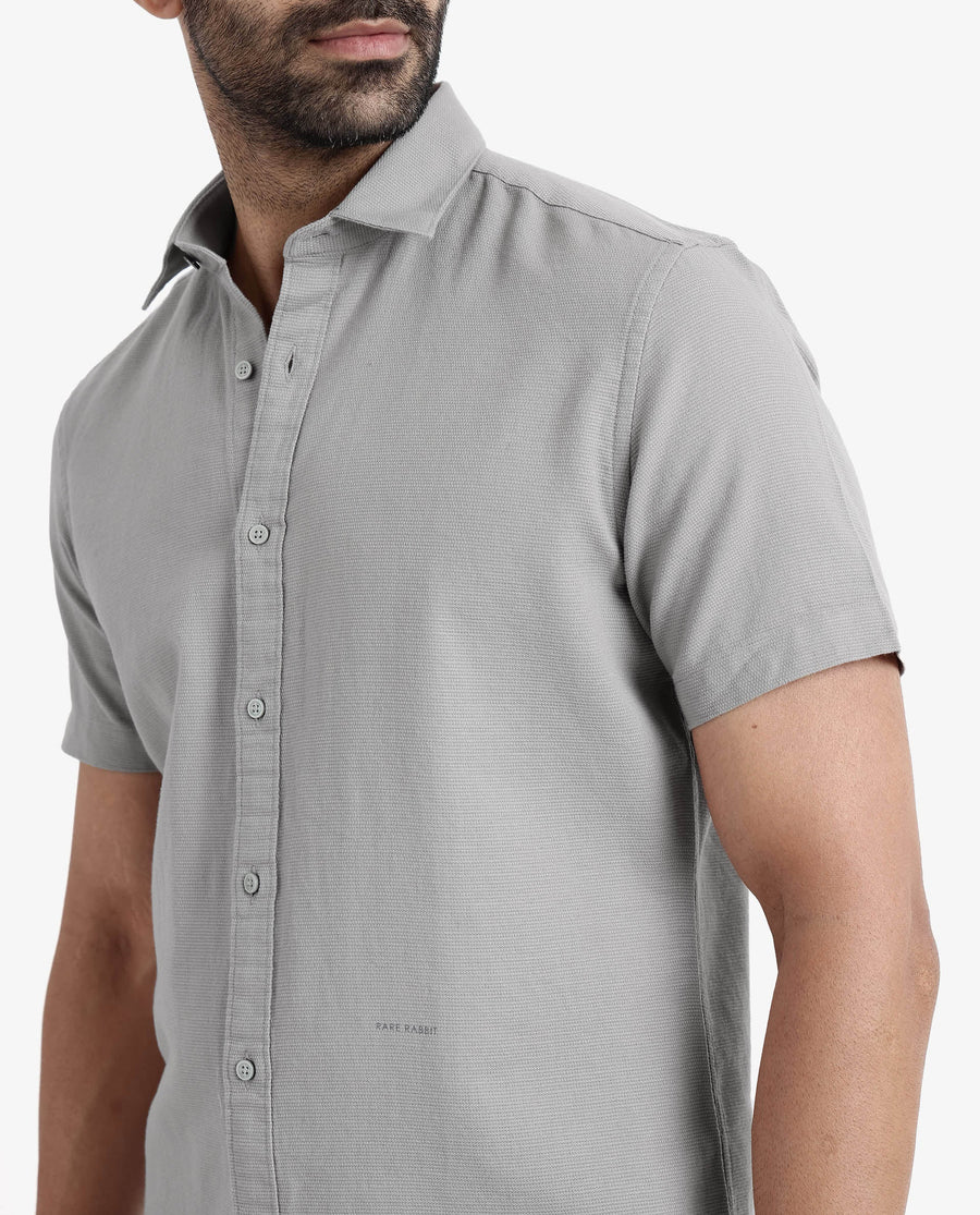 Rare Rabbit Men's Rissa Grey Cotton Plain Regular Fit Half Sleeve Collared Shirt