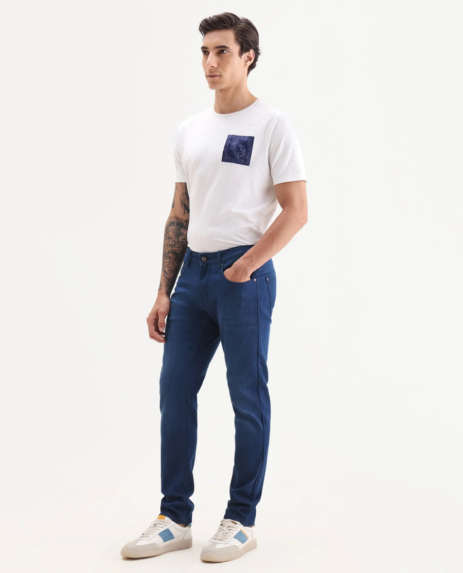 Rare Rabbit Men's River Blue Cotton Blend Fabric Hawk Slim Fit Plain Jeans