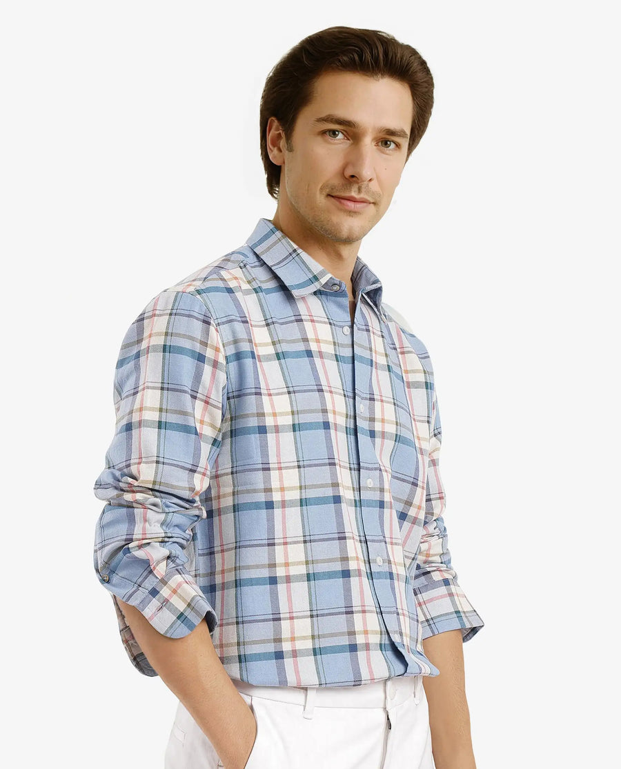 Rare Rabbit Men's Rix Light Blue Cotton Checked Print Regular Fit Full Sleeve Collared Shirt