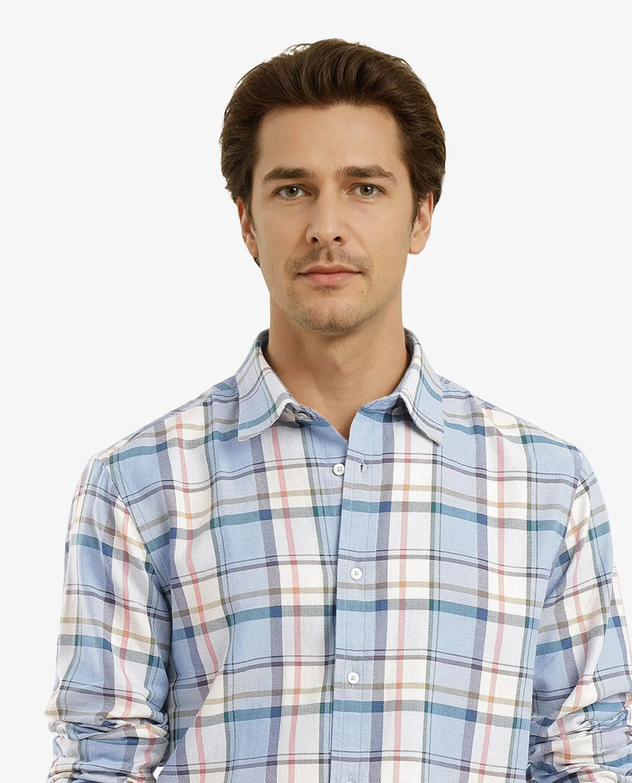 Rare Rabbit Men's Rix Light Blue Cotton Checked Print Regular Fit Full Sleeve Collared Shirt