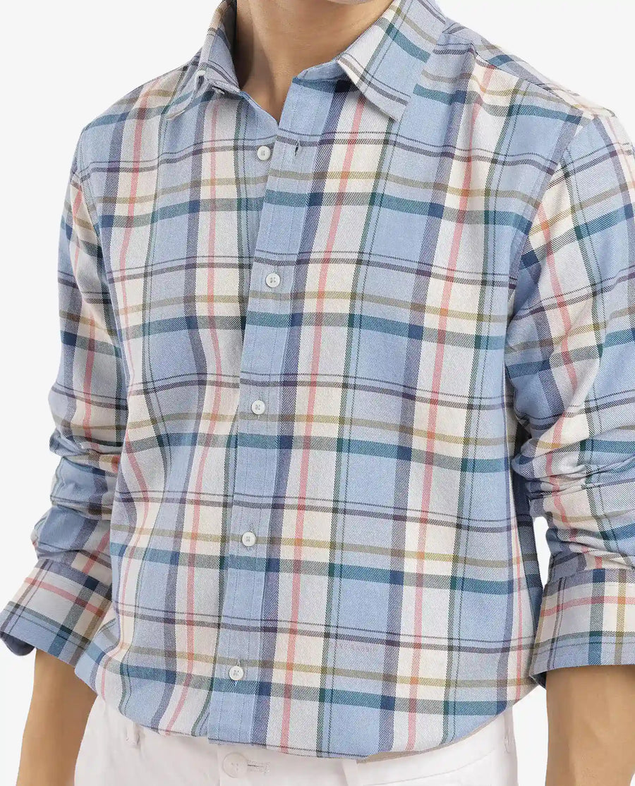 Rare Rabbit Men's Rix Light Blue Cotton Checked Print Regular Fit Full Sleeve Collared Shirt