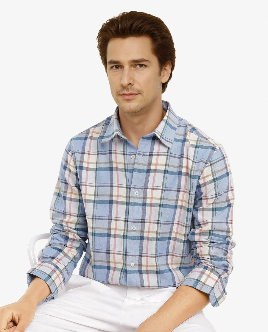 Rare Rabbit Men's Rix Light Blue Cotton Checked Print Regular Fit Full Sleeve Collared Shirt