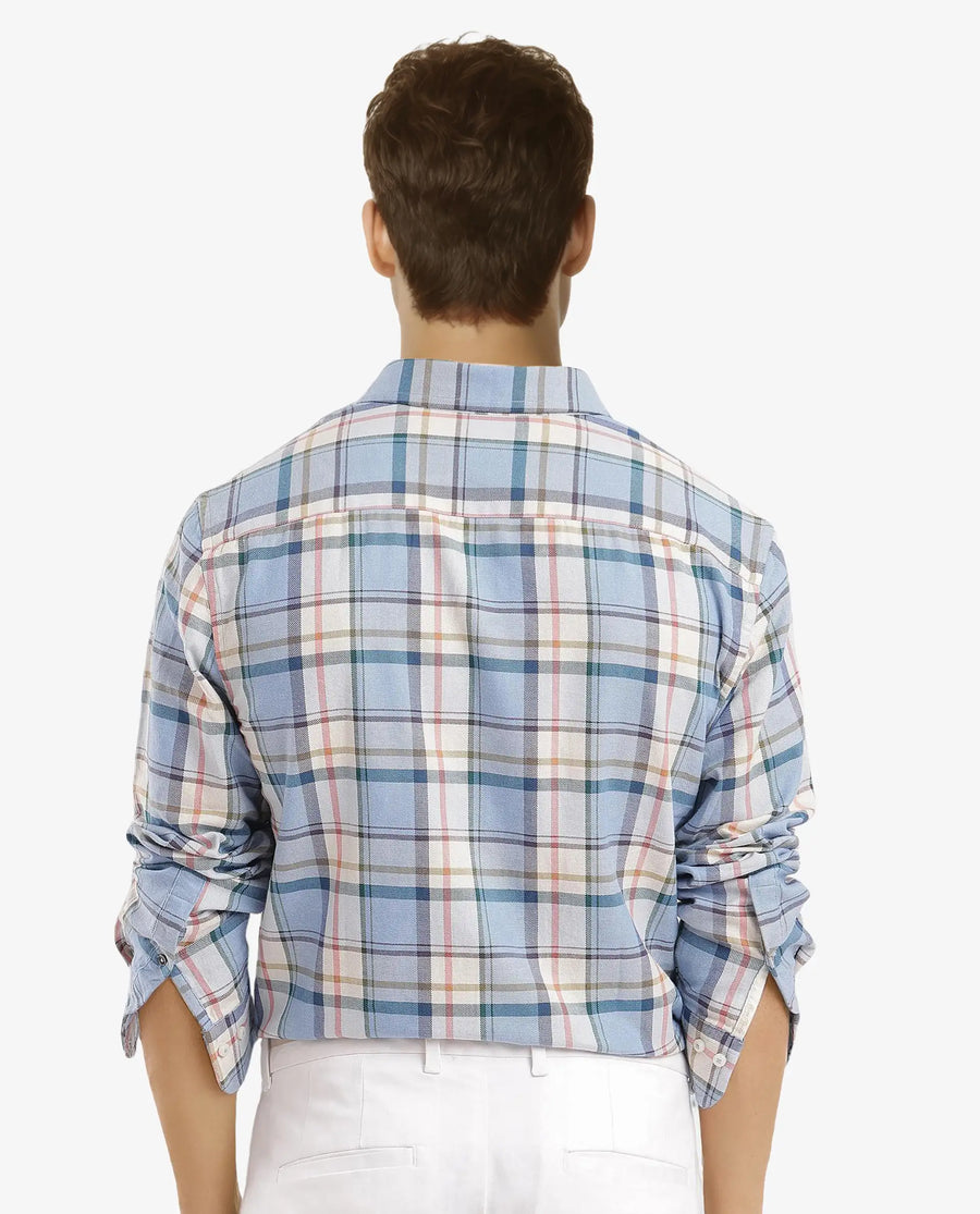 Rare Rabbit Men's Rix Light Blue Cotton Checked Print Regular Fit Full Sleeve Collared Shirt
