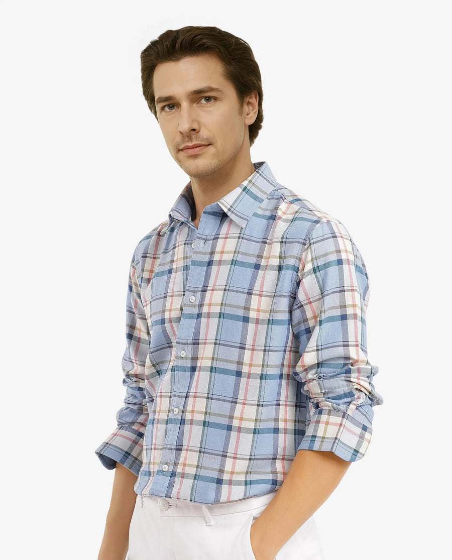 Rare Rabbit Men's Rix Light Blue Cotton Checked Print Regular Fit Full Sleeve Collared Shirt