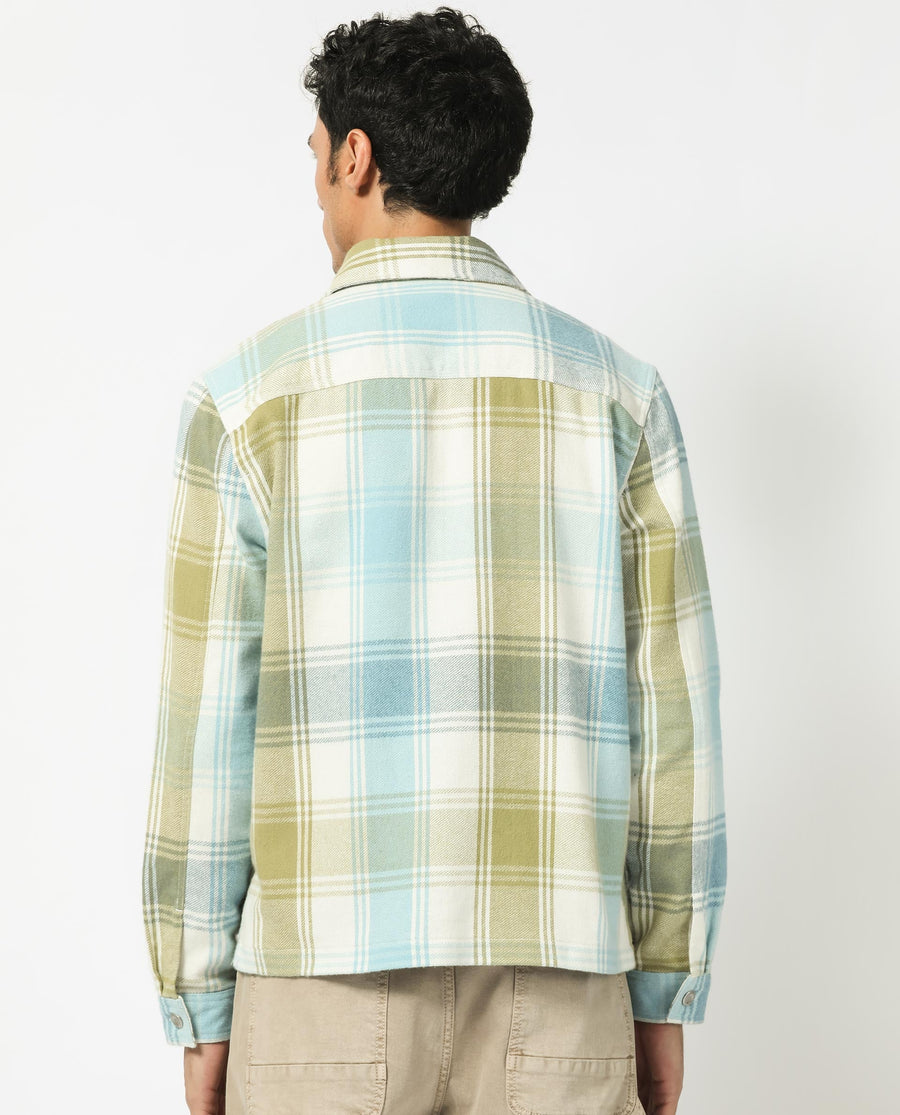 Rare Rabbit Men's Rizo Blue Cotton Checked Print Relaxed Fit Full Sleeve Collared Shacket