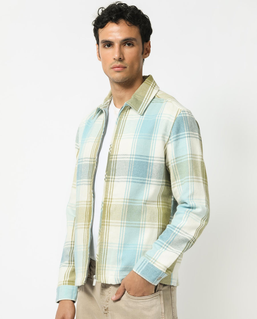 Rare Rabbit Men's Rizo Blue Cotton Checked Print Relaxed Fit Full Sleeve Collared Shacket