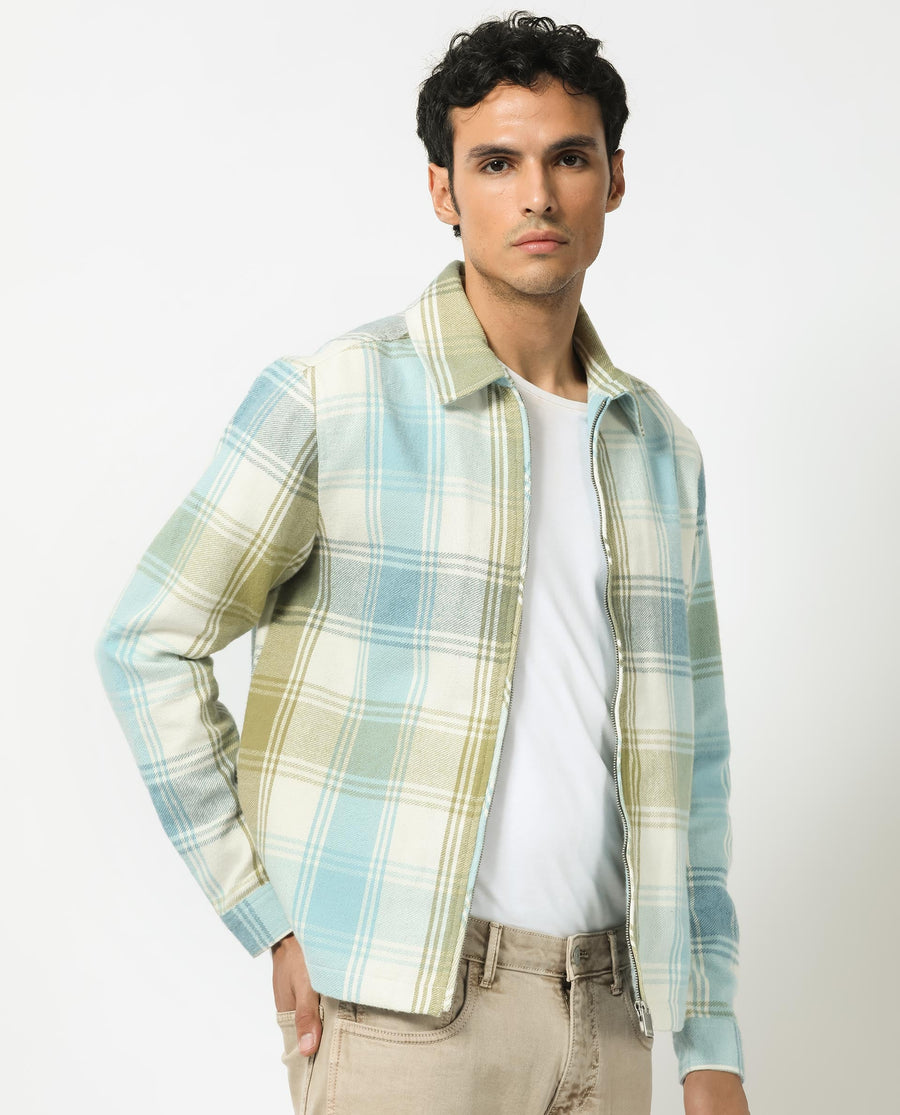 Rare Rabbit Men's Rizo Blue Cotton Checked Print Relaxed Fit Full Sleeve Collared Shacket