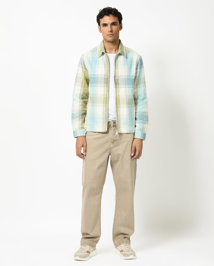 Rare Rabbit Men's Rizo Blue Cotton Checked Print Relaxed Fit Full Sleeve Collared Shacket