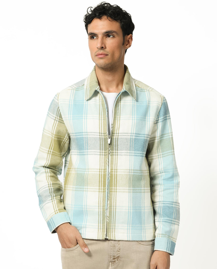 Rare Rabbit Men's Rizo Blue Cotton Checked Print Relaxed Fit Full Sleeve Collared Shacket