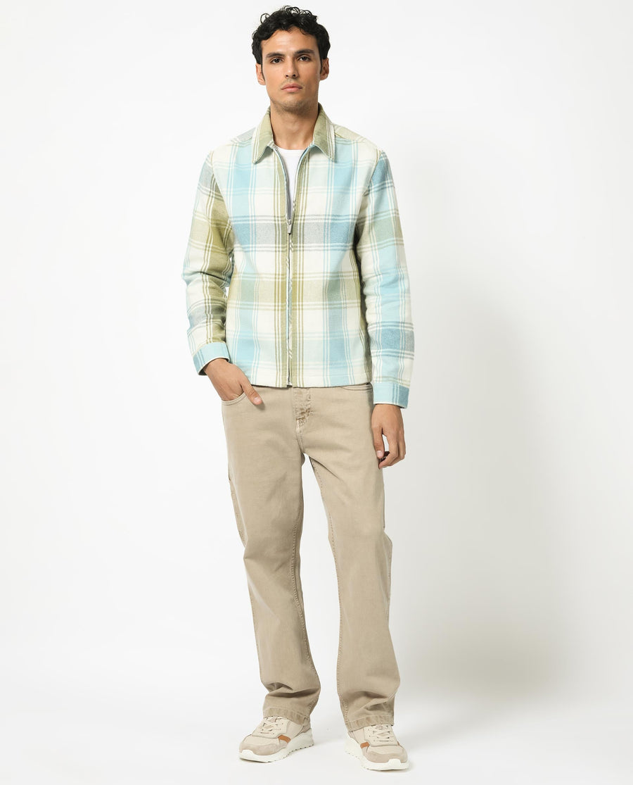 Rare Rabbit Men's Rizo Blue Cotton Checked Print Relaxed Fit Full Sleeve Collared Shacket