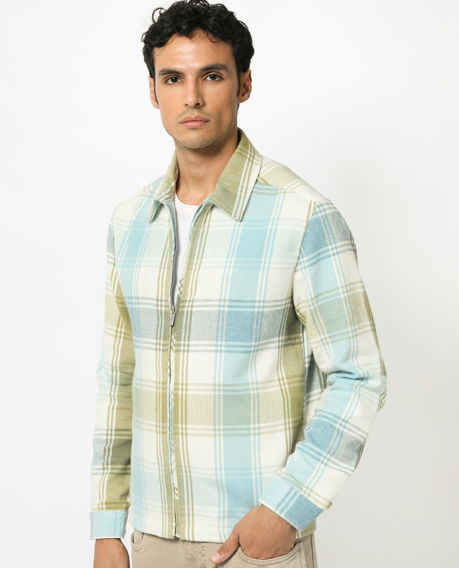 Rare Rabbit Men's Rizo Blue Cotton Checked Print Relaxed Fit Full Sleeve Collared Shacket