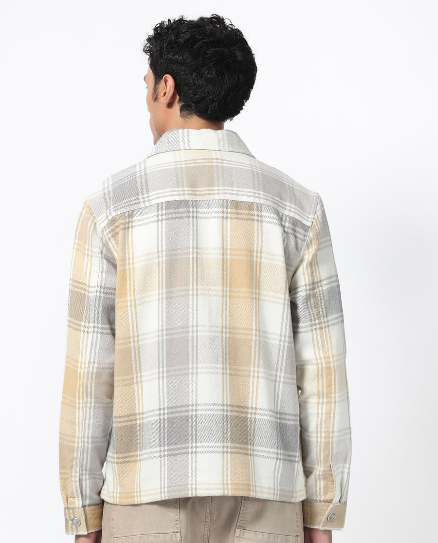 Rare Rabbit Men's Rizo Light Brown Cotton Checked Print Relaxed Fit Full Sleeve Spread Collar Shacket