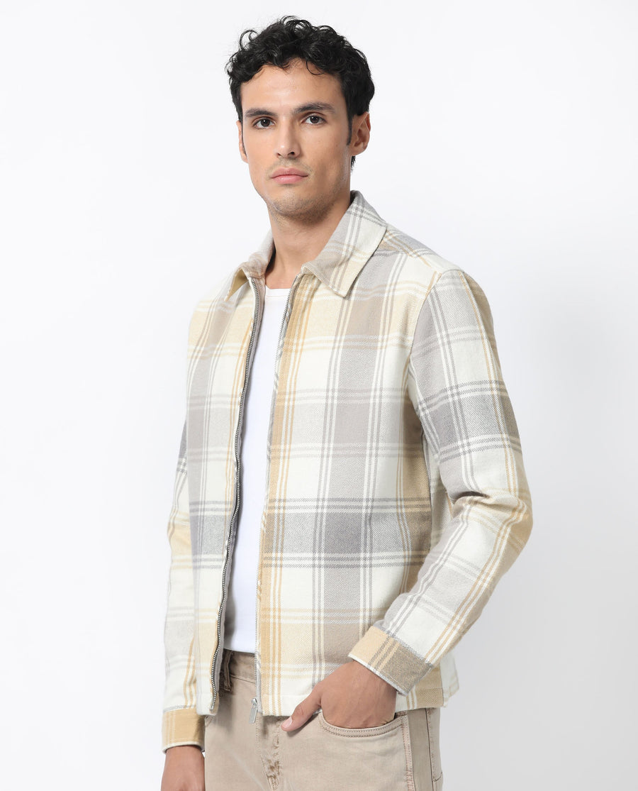 Rare Rabbit Men's Rizo Light Brown Cotton Checked Print Relaxed Fit Full Sleeve Spread Collar Shacket