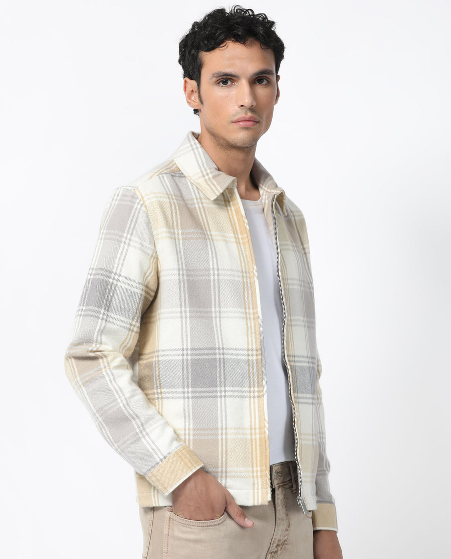 Rare Rabbit Men's Rizo Light Brown Cotton Checked Print Relaxed Fit Full Sleeve Spread Collar Shacket