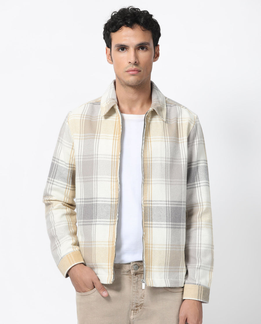 Rare Rabbit Men's Rizo Light Brown Cotton Checked Print Relaxed Fit Full Sleeve Spread Collar Shacket