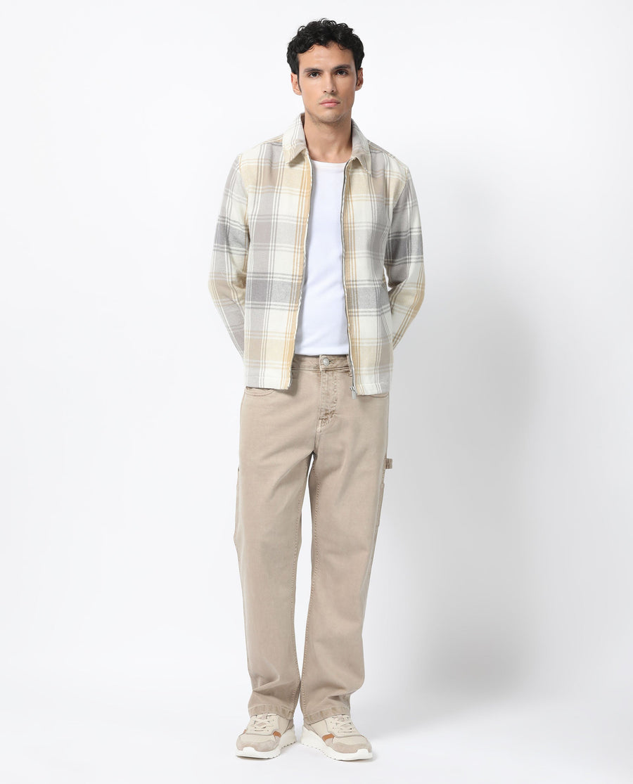 Rare Rabbit Men's Rizo Light Brown Cotton Checked Print Relaxed Fit Full Sleeve Spread Collar Shacket