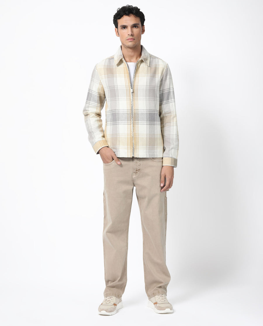 Rare Rabbit Men's Rizo Light Brown Cotton Checked Print Relaxed Fit Full Sleeve Spread Collar Shacket