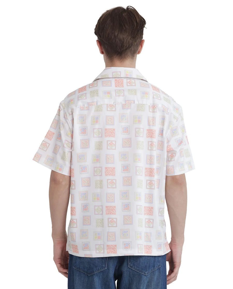 Rare Rabbit Men's Roaz White Cotton Stamp Print Boxy Fit Half Sleeve Cuban Collar Shirt